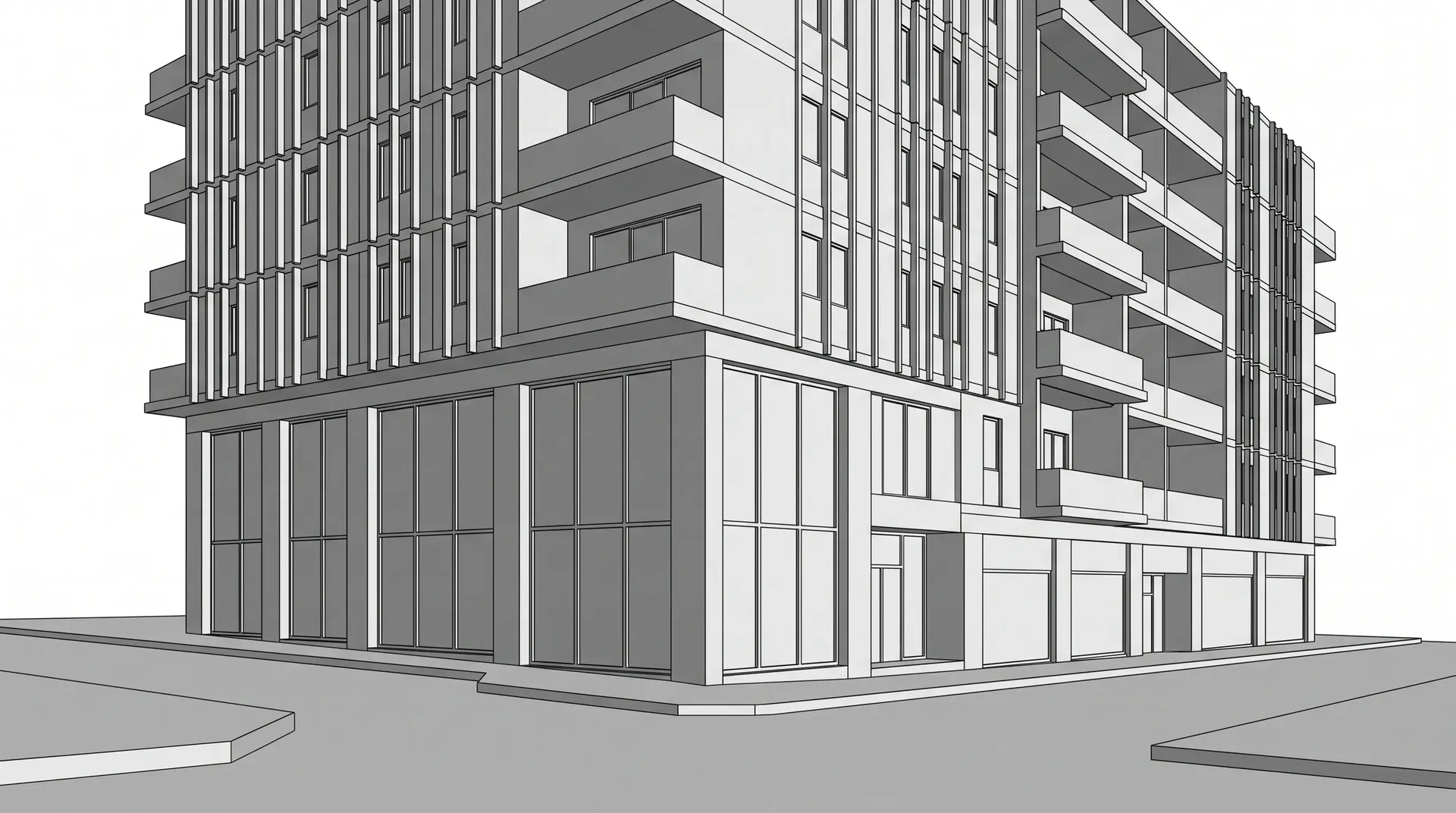 Elevación CAD en líneas de un edificio de apartamentos de uso mixto