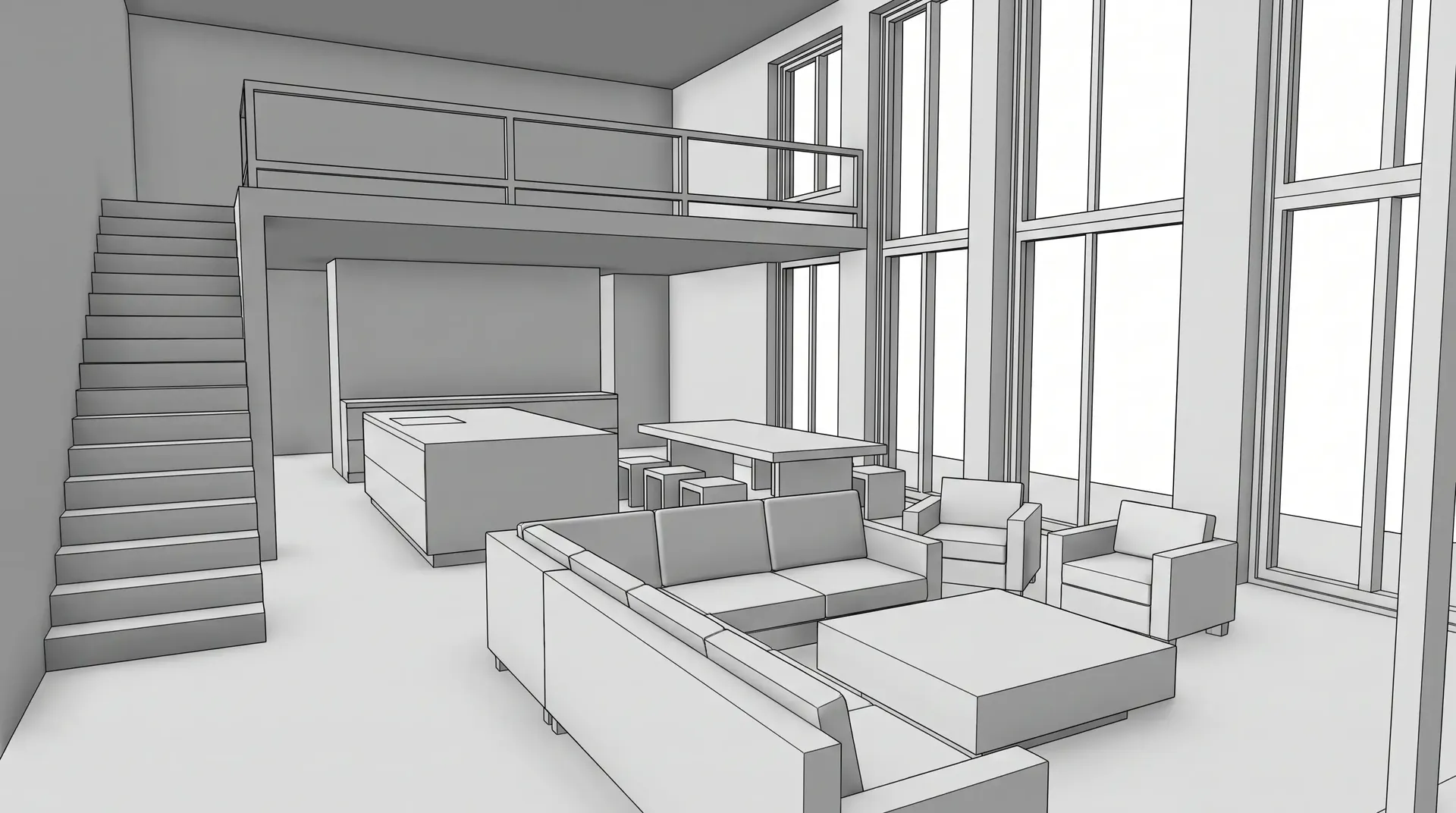 Modelo 3D blanco de una sala de doble altura