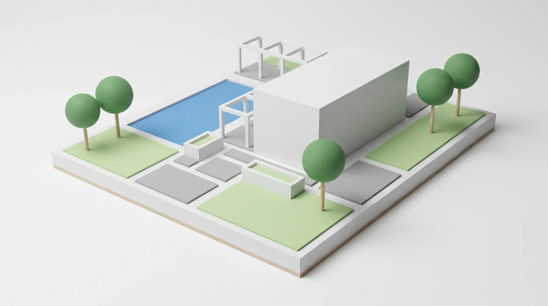 Maqueta 3D de paisajismo de un lote con piscina