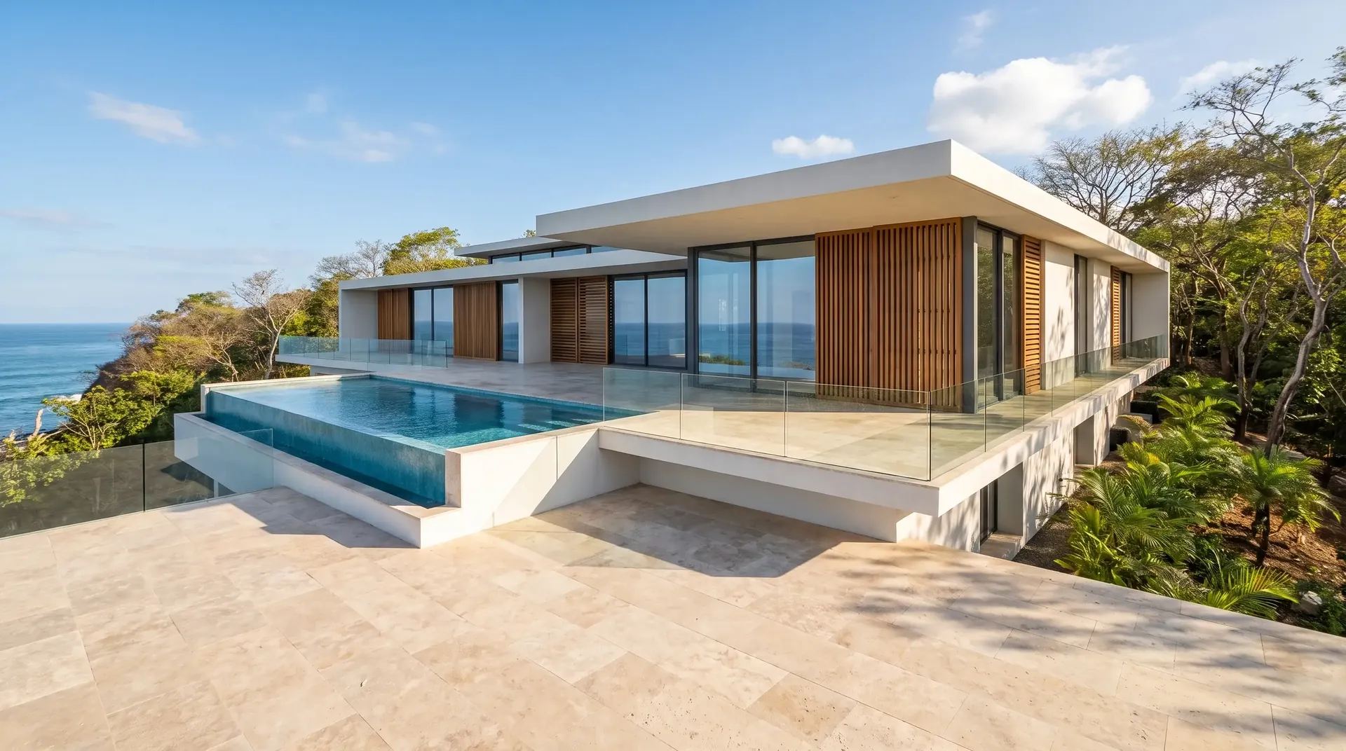 Render de casa de playa moderna con piscina infinita frente al mar
